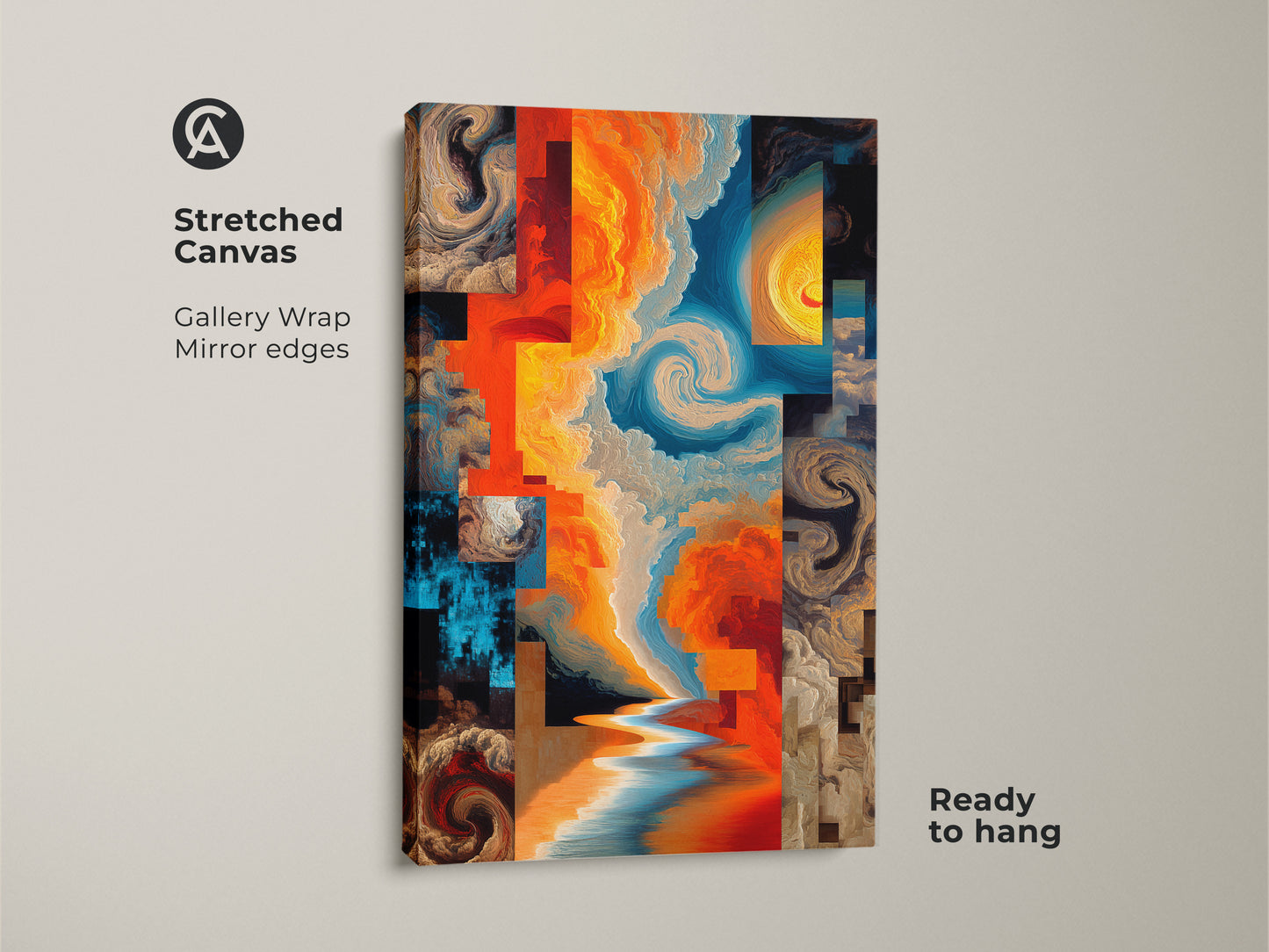 Stretched Canvas of Abstract Expressionism. Gallery wrap with mirror edges. Orange yellow and blue create swirling clouds and water. This eclectic home decor art is ready to hang. It brings a unique artistic touch to any room.