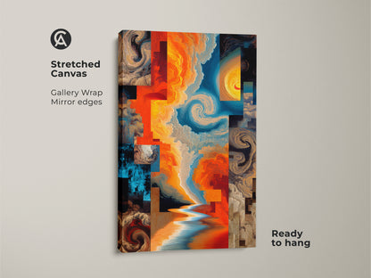 Stretched Canvas of Abstract Expressionism. Gallery wrap with mirror edges. Orange yellow and blue create swirling clouds and water. This eclectic home decor art is ready to hang. It brings a unique artistic touch to any room.