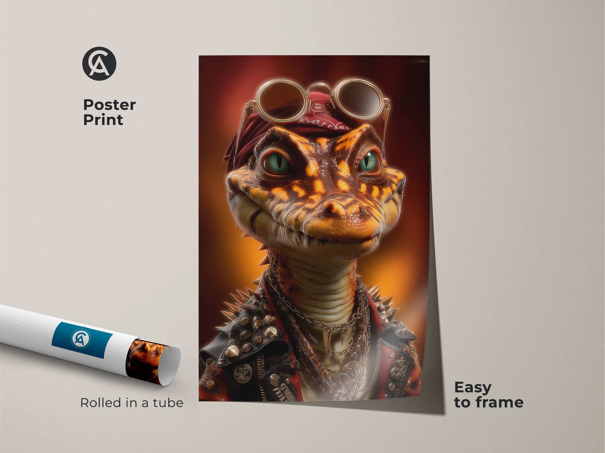 Poster Print of a rockstar alligator artwork rolled in a tube. The punk rock reptile canvas art is easy to frame. This steampunk animal wall art features a cool alligator with sunglasses.  This unique reptile print is perfect for adding character to a man cave or garage wall hanging. It makes a great birthday gift for him