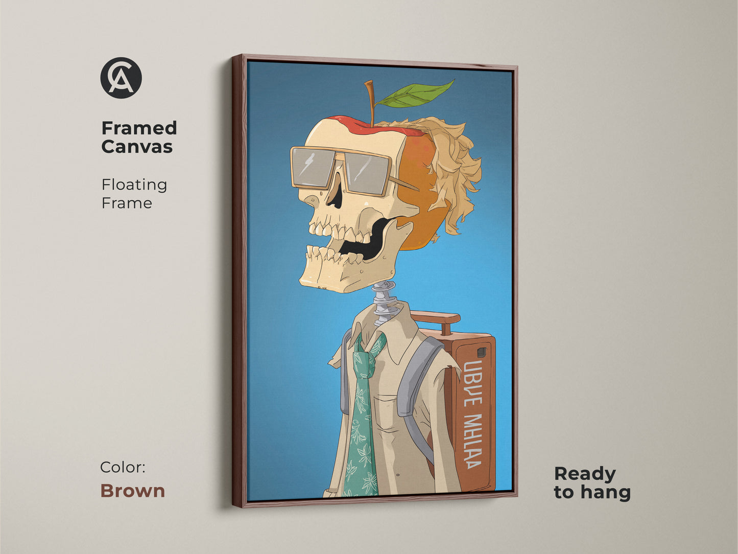 Framed canvas art of a skeleton apple head. This unique art piece features a skeleton with an apple for a head wearing glasses. The floating frame is brown and the art is ready to hang. It adds a modern art feel to any space.