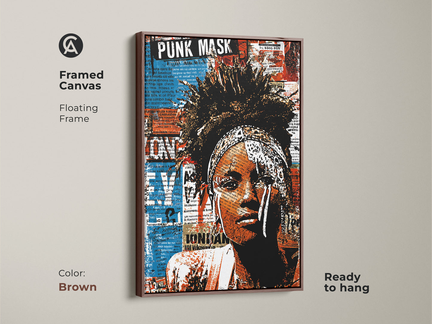 Framed canvas displays a punk mask woman portrait art. This urban street art collage uses an eclectic color palette. The floating frame enhances its gallery appeal. The artwork is ready to hang. A brown frame enriches this bold color art print. It is ideal for a unique home decor gift.