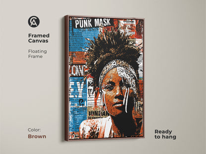 Framed canvas displays a punk mask woman portrait art. This urban street art collage uses an eclectic color palette. The floating frame enhances its gallery appeal. The artwork is ready to hang. A brown frame enriches this bold color art print. It is ideal for a unique home decor gift.