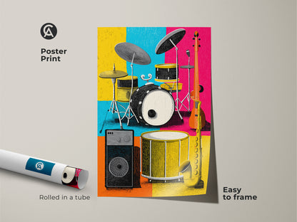 A poster print displays a lively music room scene. This artwork includes a drum set saxophone guitar and amp against a colorful block background. The museum-quality paper print is easy to frame and arrives rolled in a tube for protection.