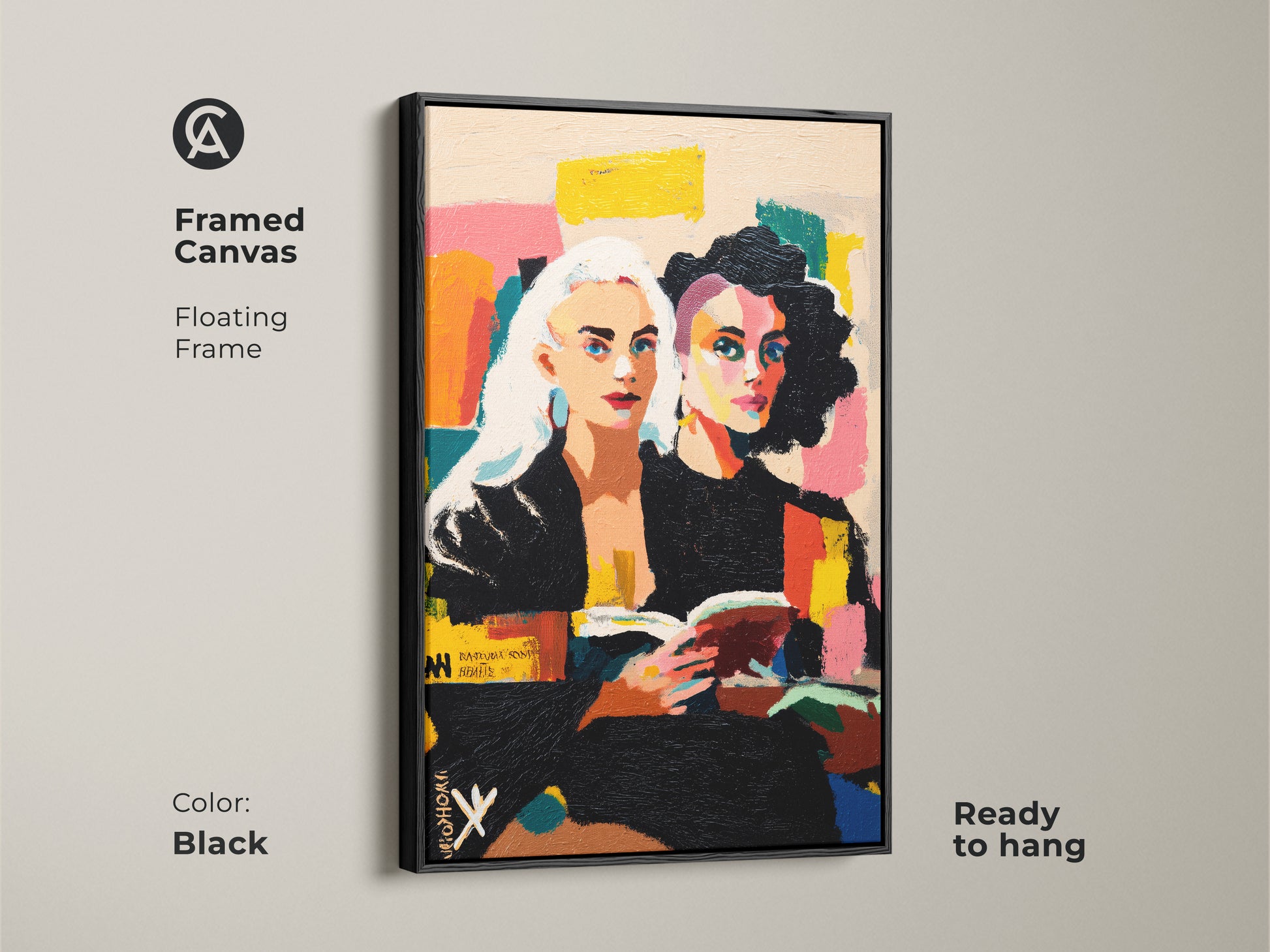 Framed canvas with a floating frame showcasing abstract portrait artwork. The art features two women reading. The frame color is black and ready to hang. This expressive figurative art enhances any space. This contemporary piece adds an eclectic touch. Great book lover gift.