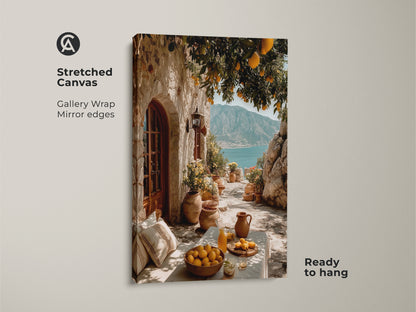 Stretched Canvas print of a Mediterranean Lemon Tree. The artwork captures a coastal village scene with yellow lemons and a blue sea view. A perfect housewarming gift for travel lovers ready to hang.