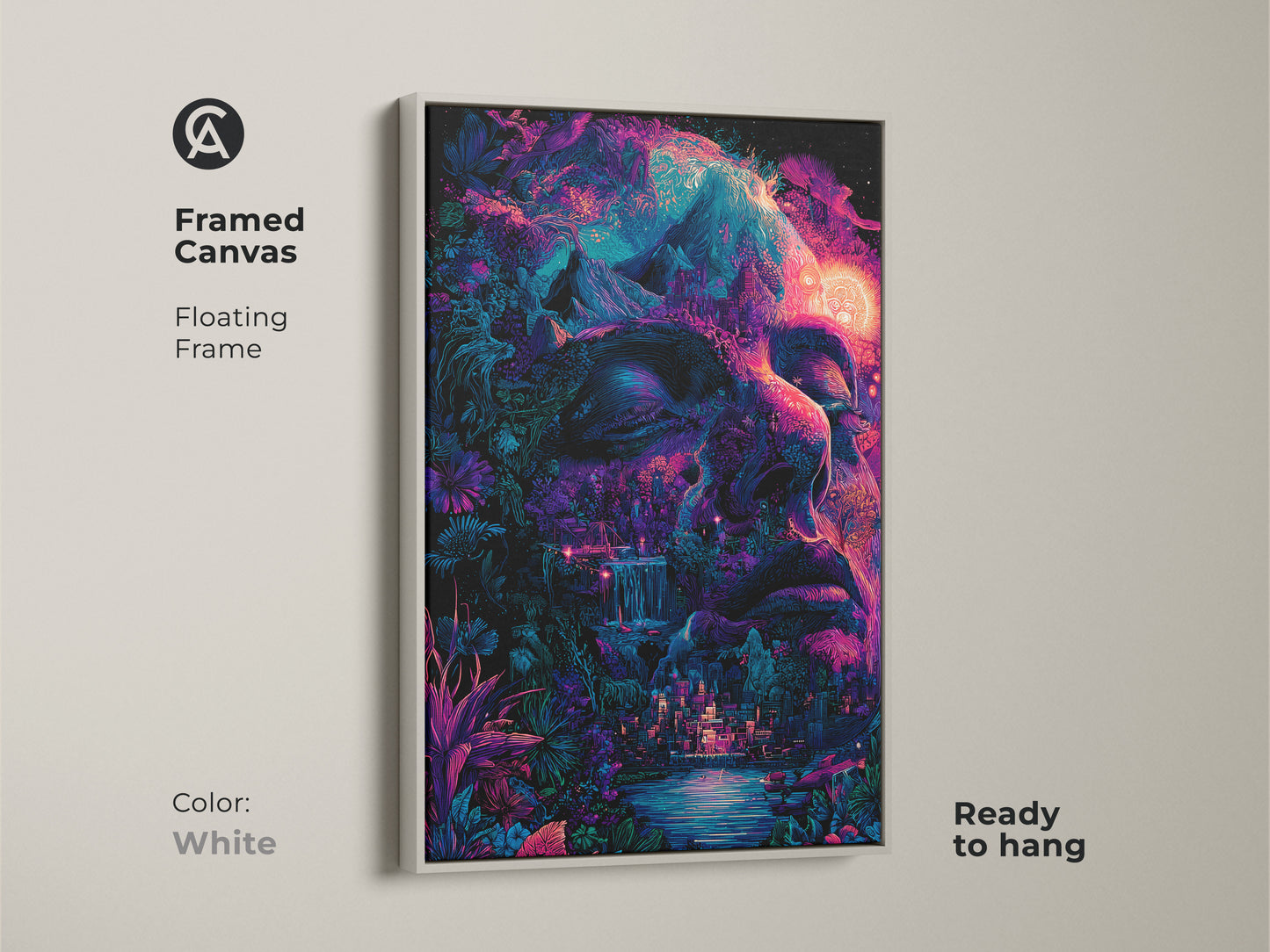 Framed canvas with a floating white frame. The psychedelic face artwork features nature and surreal elements. The clean white frame complements the vibrant colors. It is ready to hang and brighten up your home decor. A great addition to any art collection.