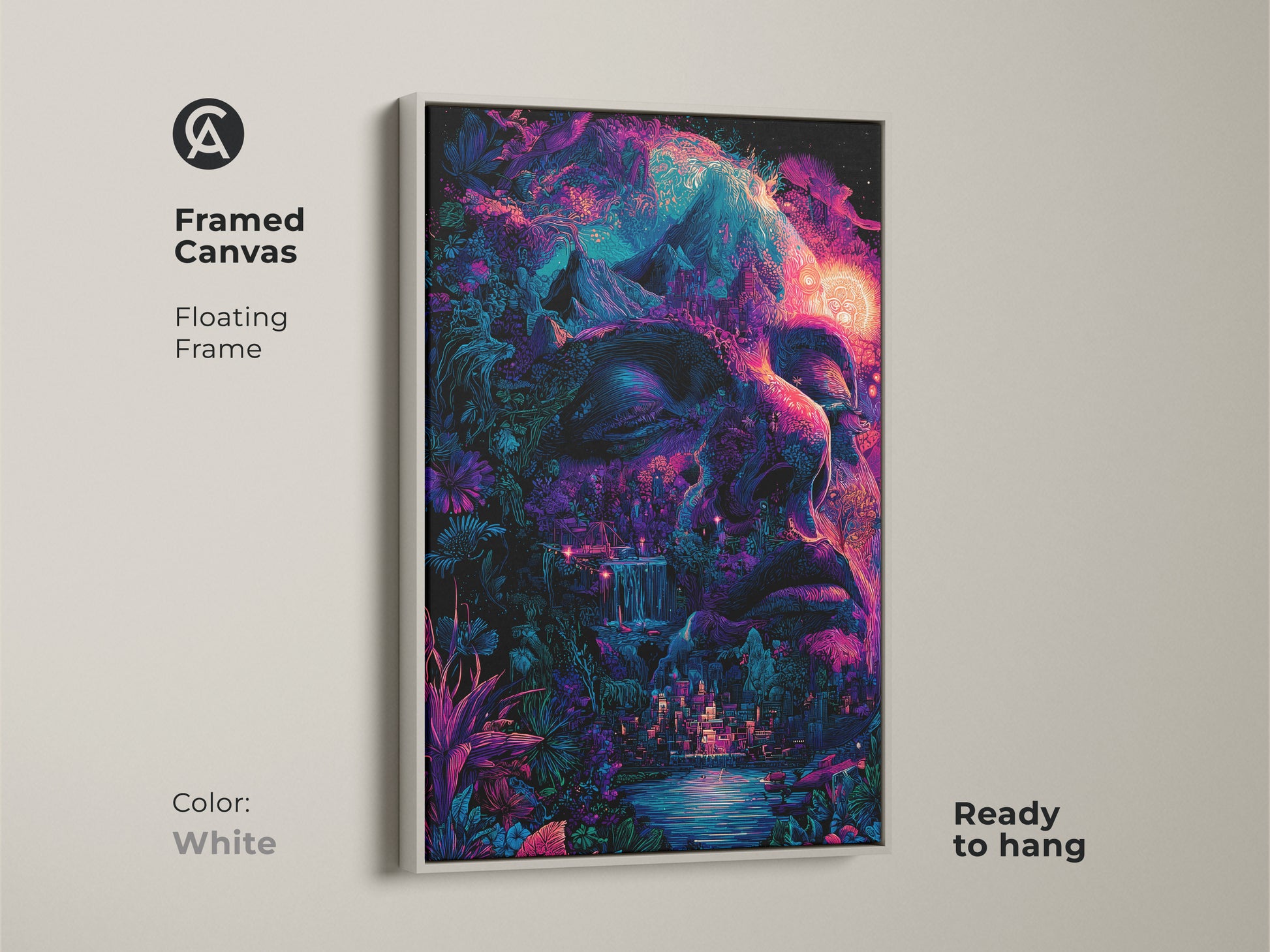 Framed canvas with a floating white frame. The psychedelic face artwork features nature and surreal elements. The clean white frame complements the vibrant colors. It is ready to hang and brighten up your home decor. A great addition to any art collection.