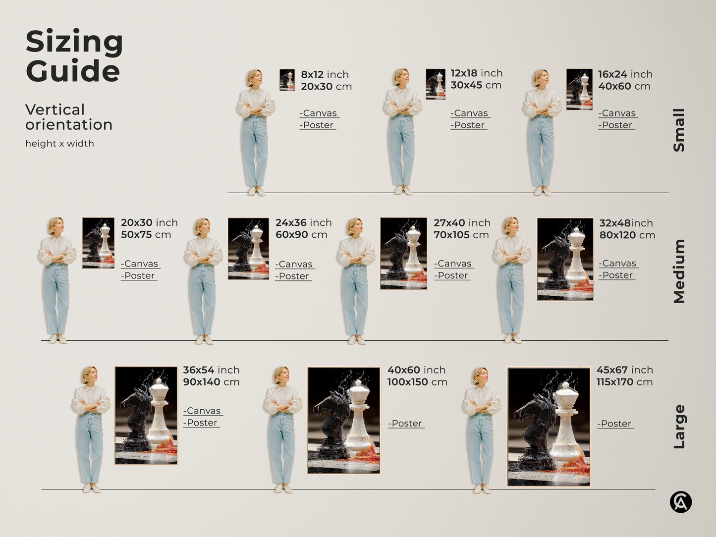 Sizing guide displaying modern black knight and white queen art. Various vertical orientation sizes are available as canvas or poster prints. Find the perfect fit for your space with this abstract chess piece artwork.