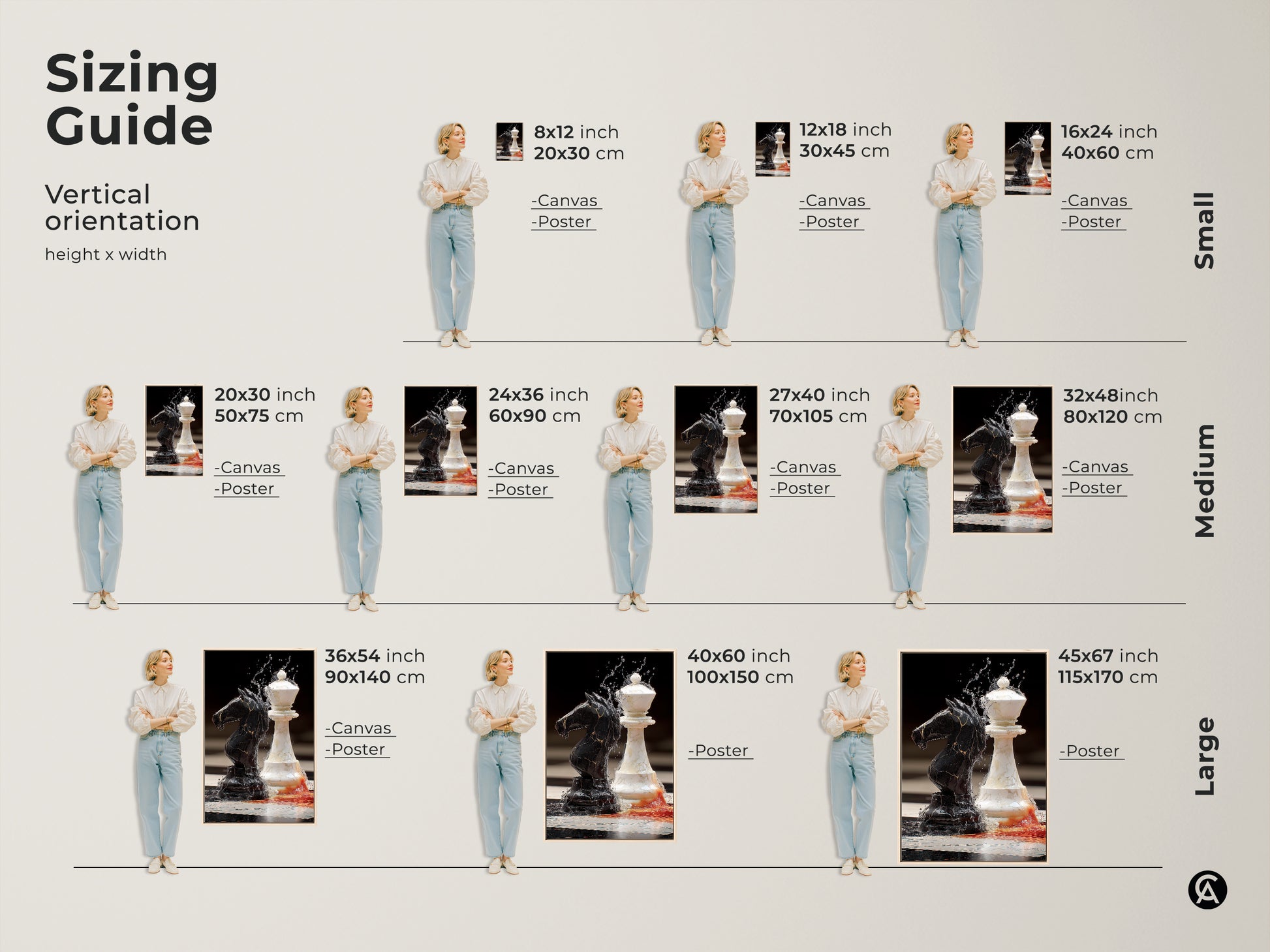 Sizing guide displaying modern black knight and white queen art. Various vertical orientation sizes are available as canvas or poster prints. Find the perfect fit for your space with this abstract chess piece artwork.