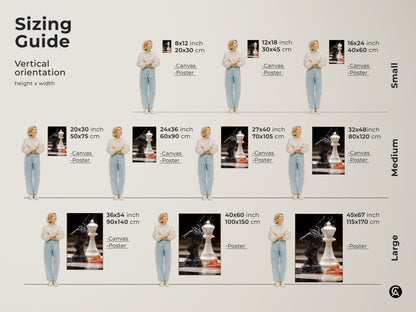 Sizing guide displaying modern black knight and white queen art. Various vertical orientation sizes are available as canvas or poster prints. Find the perfect fit for your space with this abstract chess piece artwork.