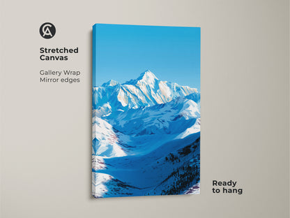 A stretched canvas print showcases a blue sky mountain art piece. It's ready to hang and features a gallery wrap with mirrored edges. This winter landscape wall art captures the grandeur of snow peaks. A modern nature artwork perfect for a hiker gift or to enhance home office art.