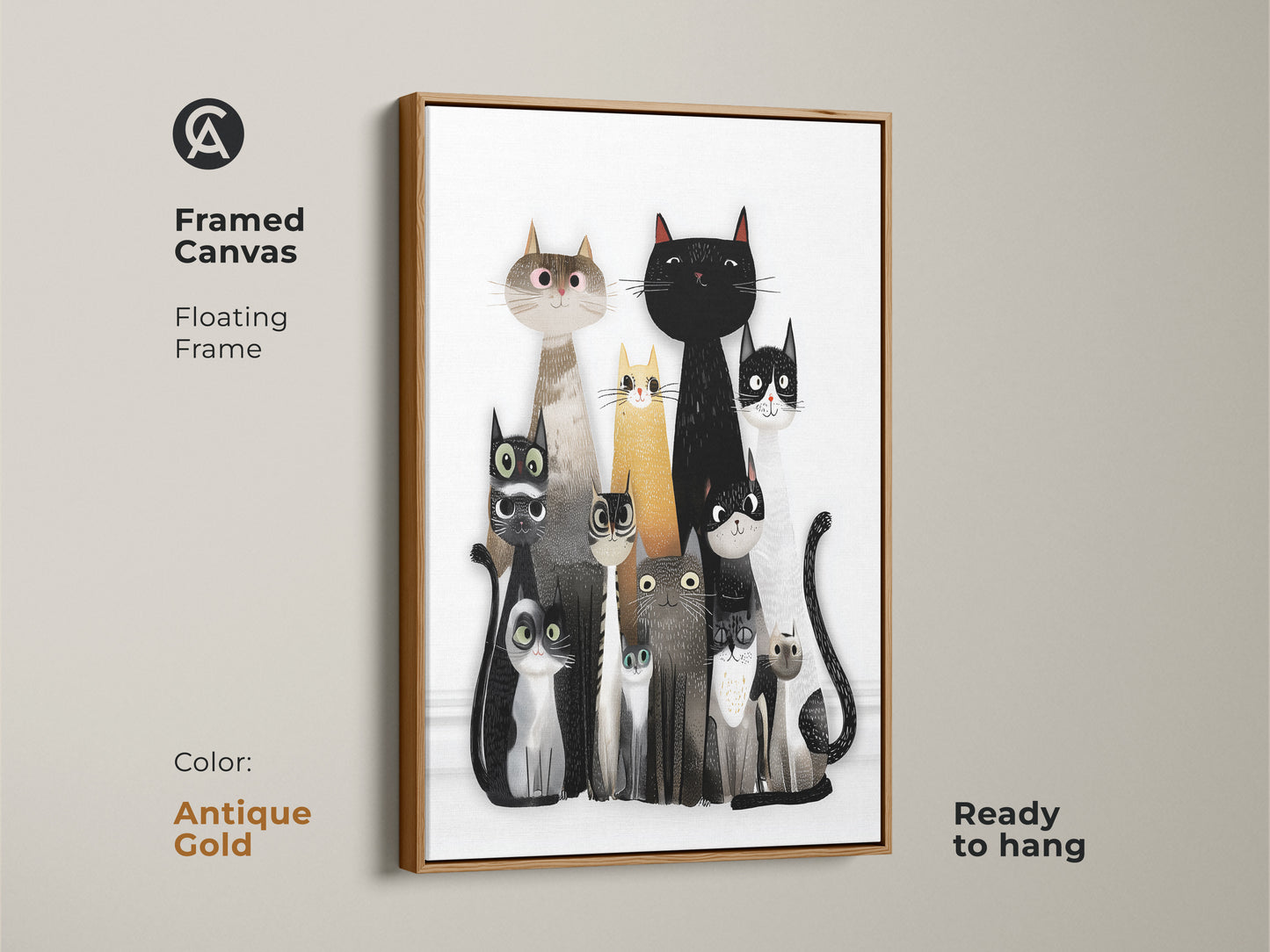 Framed Canvas of Cat Family Wall Art with an Antique Gold Floating Frame. This monochrome animal art is ready to hang. Makes a thoughtful gift for cat moms and dads who appreciate eclectic animal artwork.