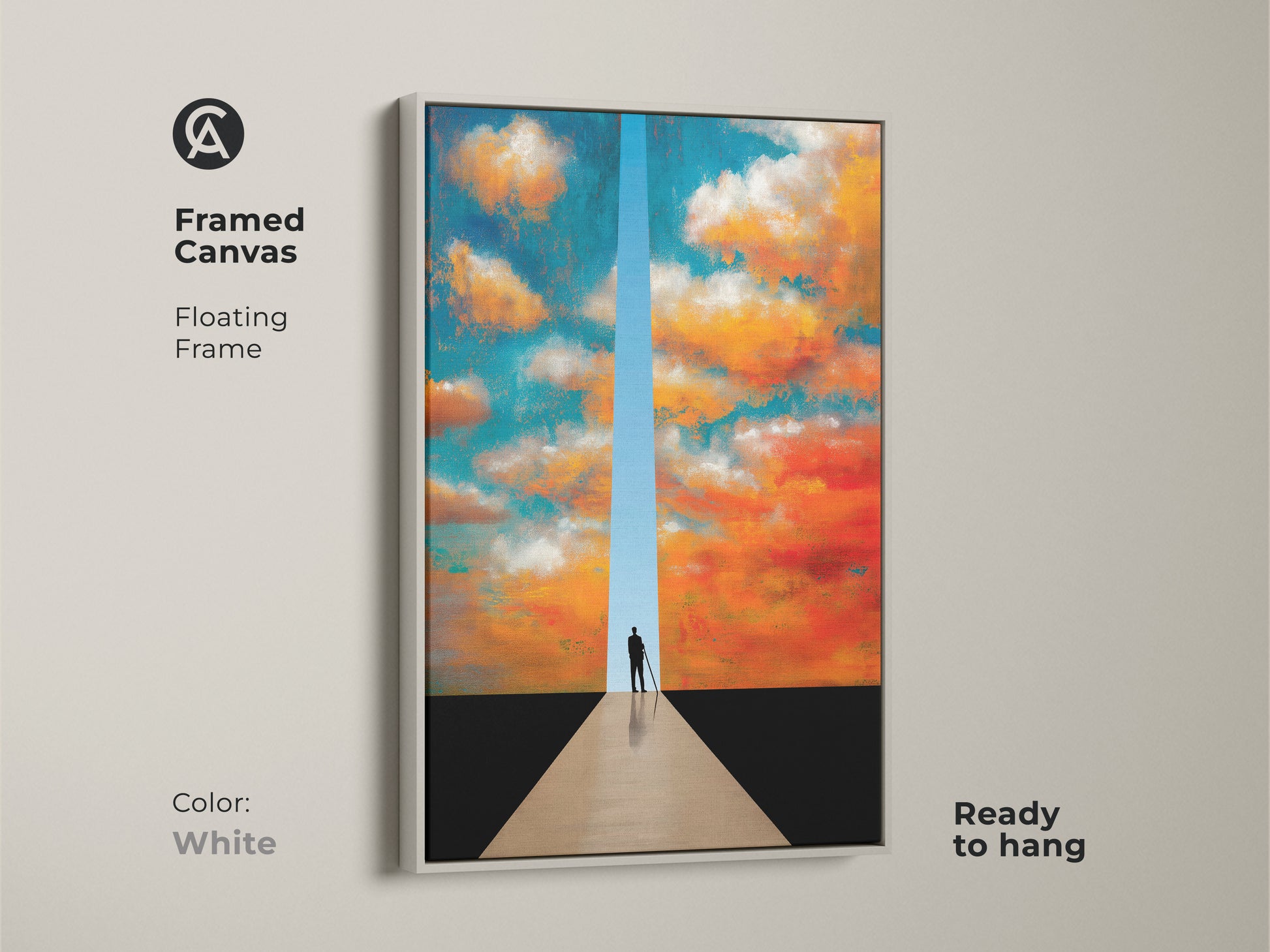 Framed canvas art with a floating white frame. The teal orange sky canvas features a silhouette in portal art. A dreamer vision wall art for inspiring home or office decor.