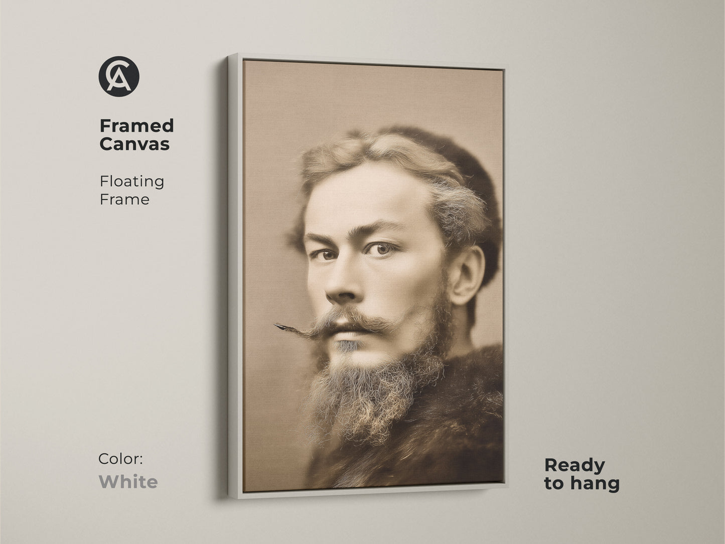 Framed canvas showcasing a sepia tone man portrait with a white floating frame. This bearded gentleman artwork adds a traditional touch to a study or office. Ready to hang.
