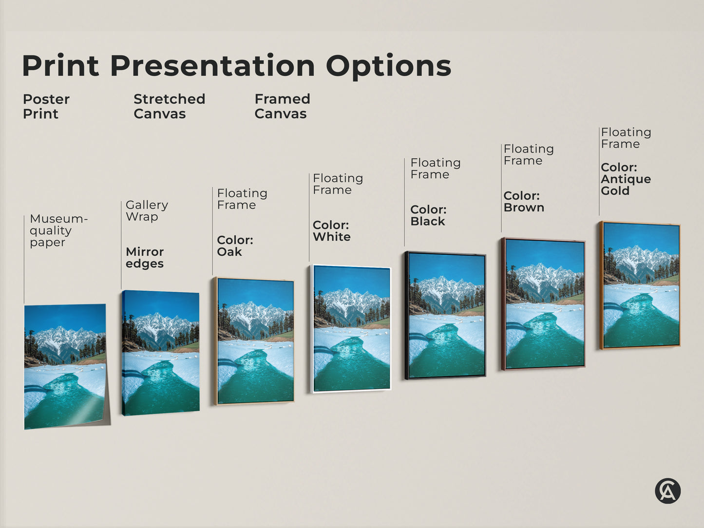 Explore print presentation options for this blue snowy mountain artwork. Choose from poster prints stretched canvas or framed canvas with various floating frame colors. Find the perfect style to complement your home decor and enjoy this realistic winter landscape.