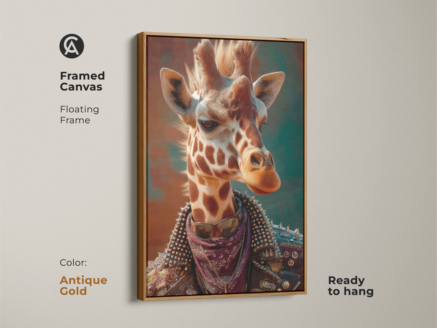 Punk giraffe art is on framed canvas. The antique gold floating frame looks stylish. Ready to hang this is surreal animal canvas. The artwork is ideal for teen room decor. The wildlife animal print is alternative art. This spotted giraffe painting offers home decor.
