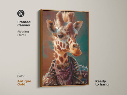 Punk giraffe art is on framed canvas. The antique gold floating frame looks stylish. Ready to hang this is surreal animal canvas. The artwork is ideal for teen room decor. The wildlife animal print is alternative art. This spotted giraffe painting offers home decor.