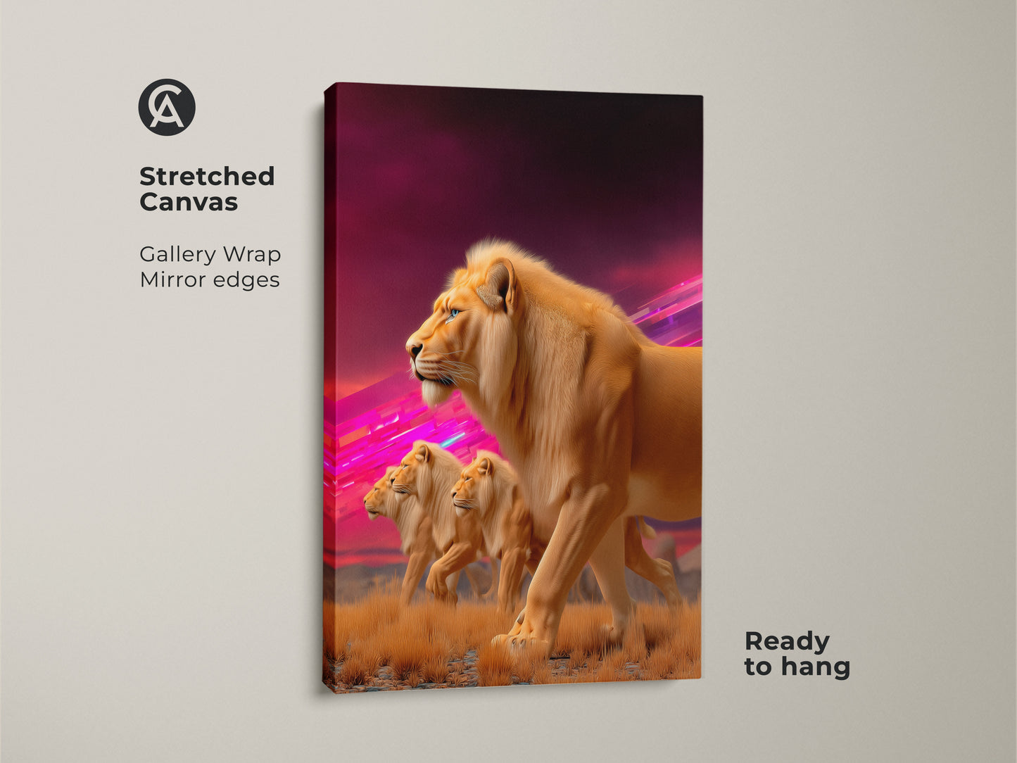 Stretched Canvas showcasing a Lion Pride artwork. The gallery wrap emphasizes mirror edges creating a seamless finish. Ready to hang this wildlife animal print transforms any space. This fantasy savanna landscape adds eclectic charm