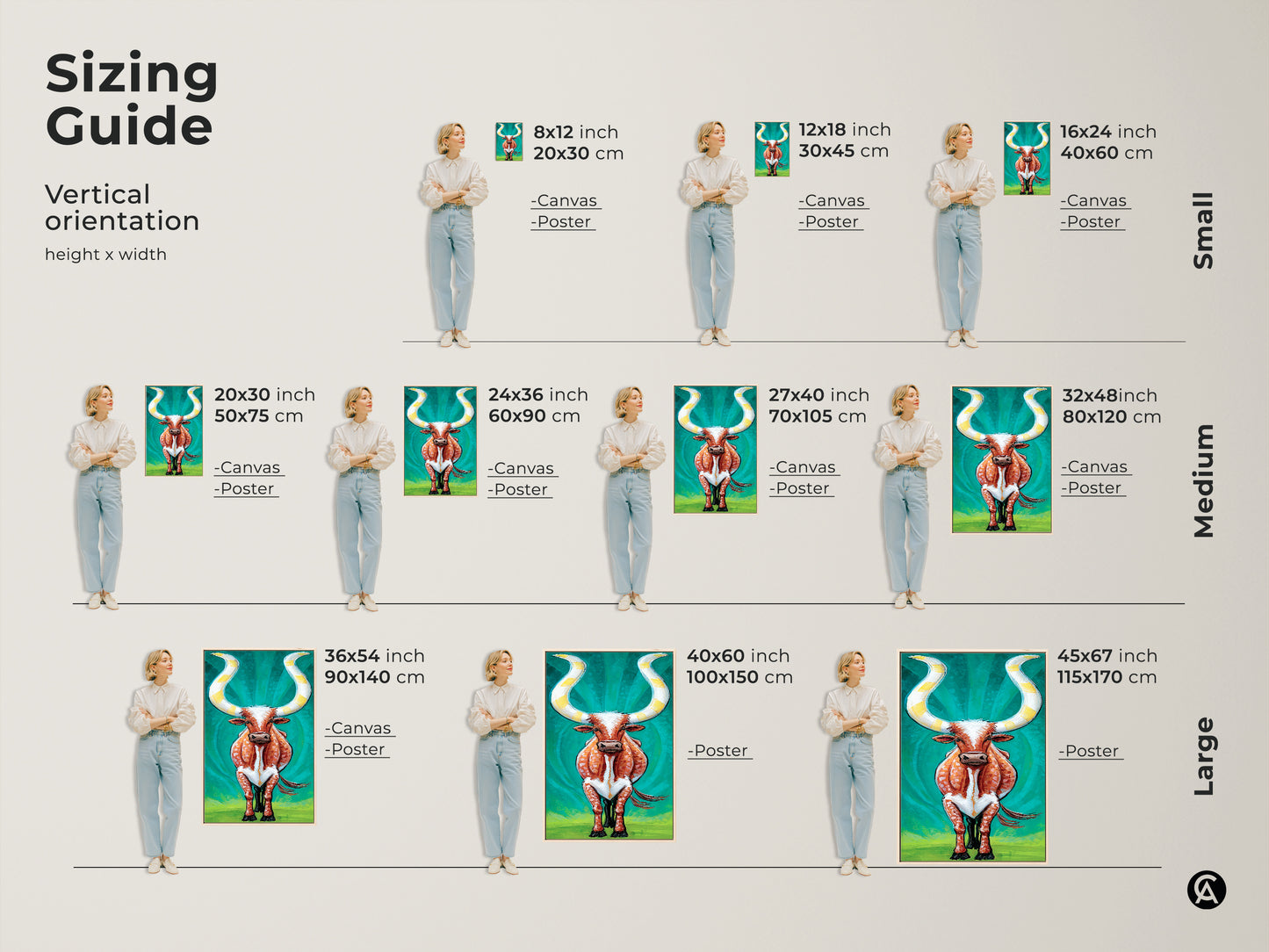 Sizing guide for vertical expressive longhorn cattle artwork. Available as canvas or poster in sizes from small to large. Visualize the perfect fit for your space. Enhance your home with this orange and teal Western animal print that makes a statement in any room.