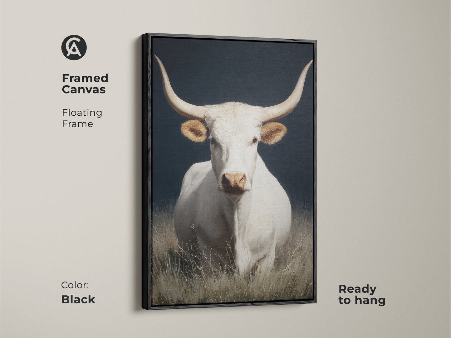 Framed canvas of white longhorn cow art. Black floating frame adds elegance. This farmhouse rustic wall art is ready to hang. The western animal canvas art enhances any room. The livestock herd decor is a perfect housewarming gift. A realistic cow portrait with a dark background.