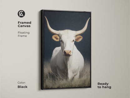 Framed canvas of white longhorn cow art. Black floating frame adds elegance. This farmhouse rustic wall art is ready to hang. The western animal canvas art enhances any room. The livestock herd decor is a perfect housewarming gift. A realistic cow portrait with a dark background.
