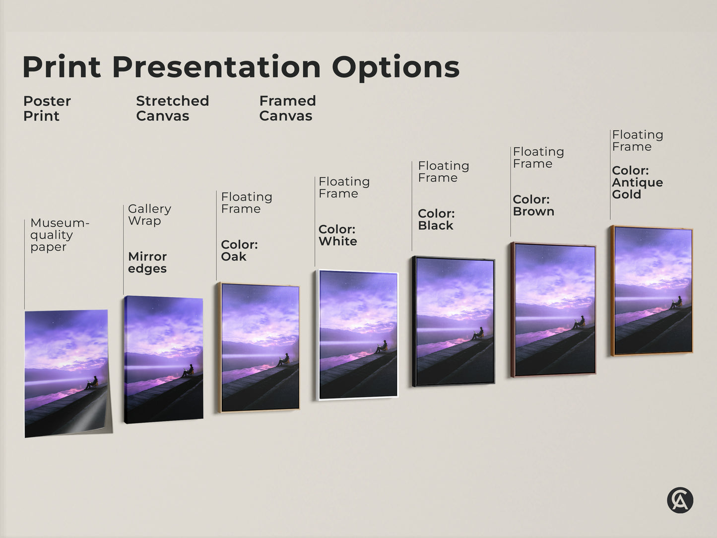Explore print presentation options for this fantasy lake art print. Choose from poster prints stretched canvas and framed canvas. Each option showcases the surreal person working on a laptop. Find the perfect style to match your modern decor needs. Enhance your space today.