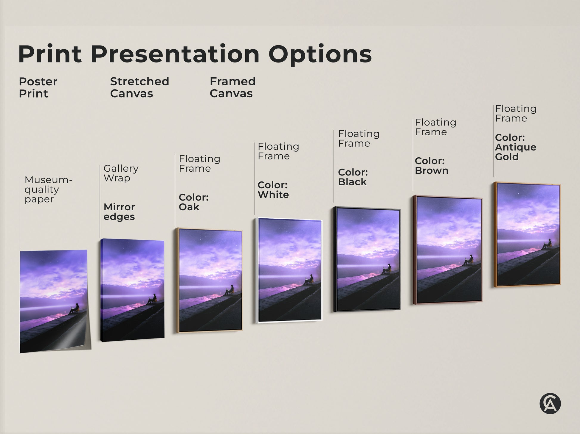Explore print presentation options for this fantasy lake art print. Choose from poster prints stretched canvas and framed canvas. Each option showcases the surreal person working on a laptop. Find the perfect style to match your modern decor needs. Enhance your space today.