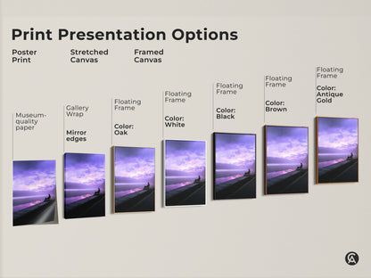 Explore print presentation options for this fantasy lake art print. Choose from poster prints stretched canvas and framed canvas. Each option showcases the surreal person working on a laptop. Find the perfect style to match your modern decor needs. Enhance your space today.