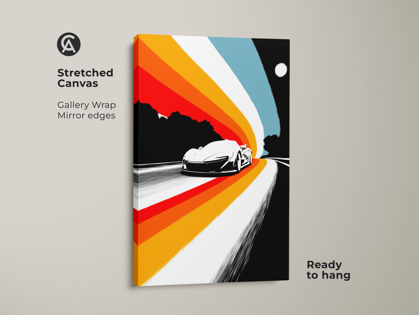 Stretched canvas print of a vintage racing car. The gallery wrap showcases mirror edges. Abstract speed lines decorate this mid-century modern art piece. This retrofuturism car artwork is ready to hang. A perfect gift for F1 fans.
