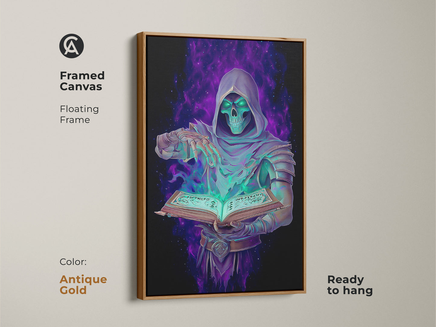 Add a touch of gothic charm with this framed canvas. The Grim Reaper with spellbook is a dark fantasy masterpiece. This emerald purple digital art is great for altar rooms. Gift this unique digital painting to fantasy fans.