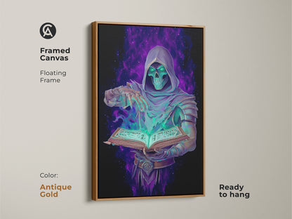 Add a touch of gothic charm with this framed canvas. The Grim Reaper with spellbook is a dark fantasy masterpiece. This emerald purple digital art is great for altar rooms. Gift this unique digital painting to fantasy fans.