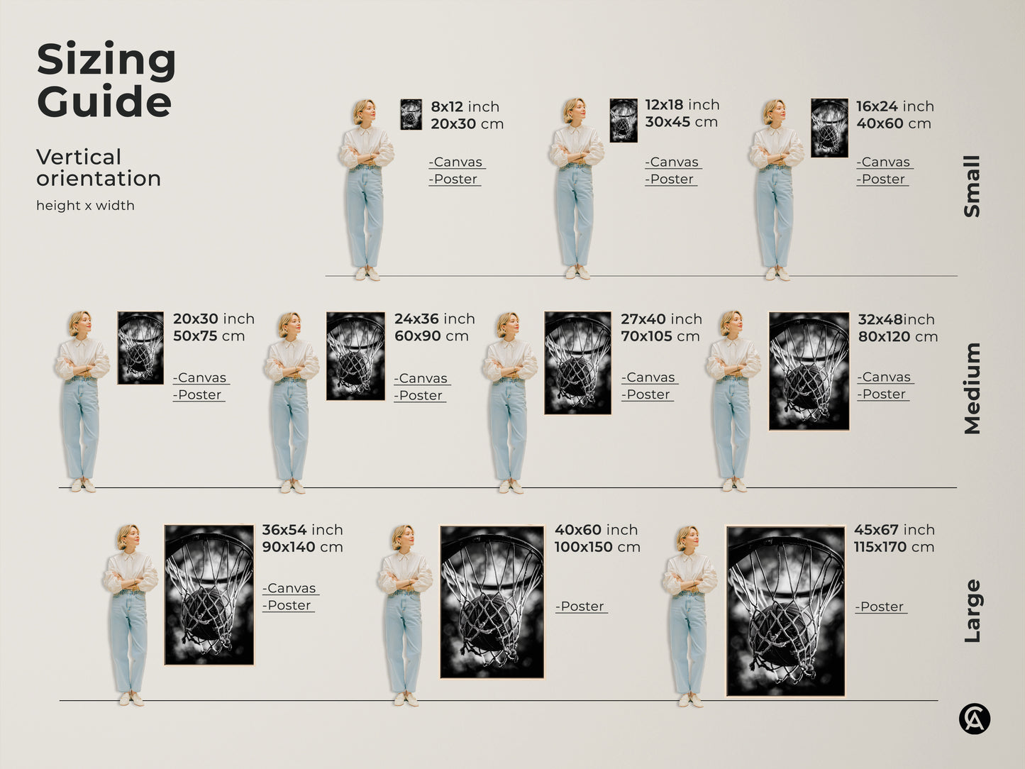 Sizing guide for basketball art. Vertical orientation options include canvas and poster prints. Sizes range from small to large. Find the perfect fit for your space with our versatile sizing guide.