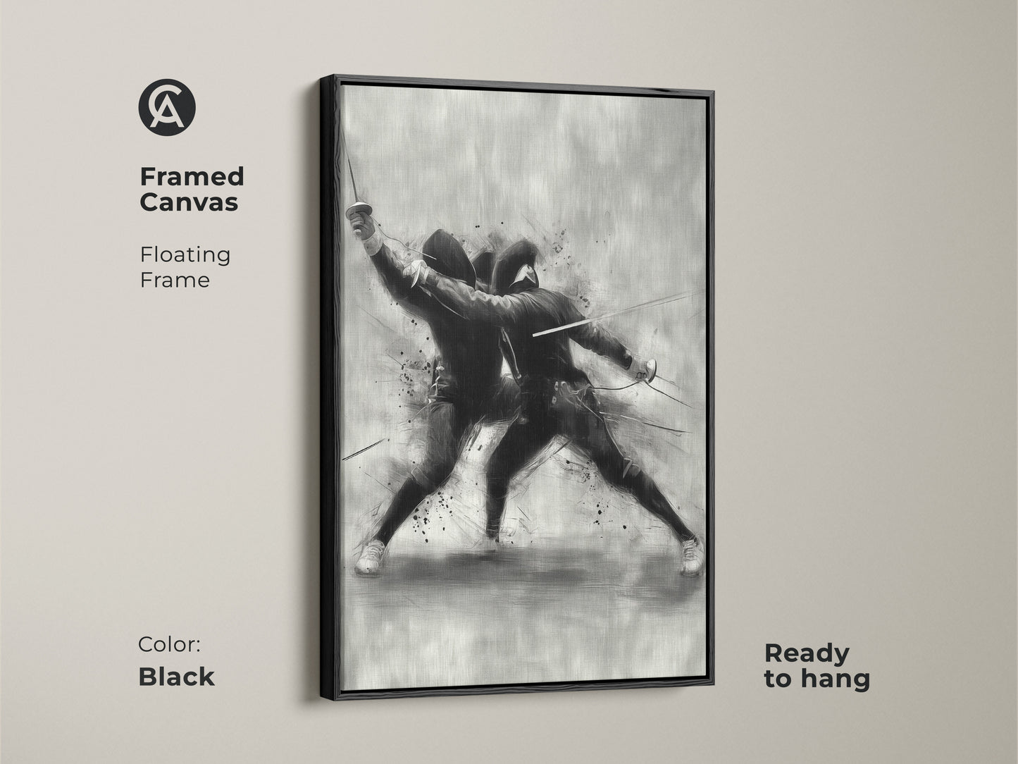 Framed canvas of a dynamic fencing duel with a black floating frame. This modern sketch wall art is ready to hang. The black and white sports decor is perfect as office study gift art for athletes and fencers.