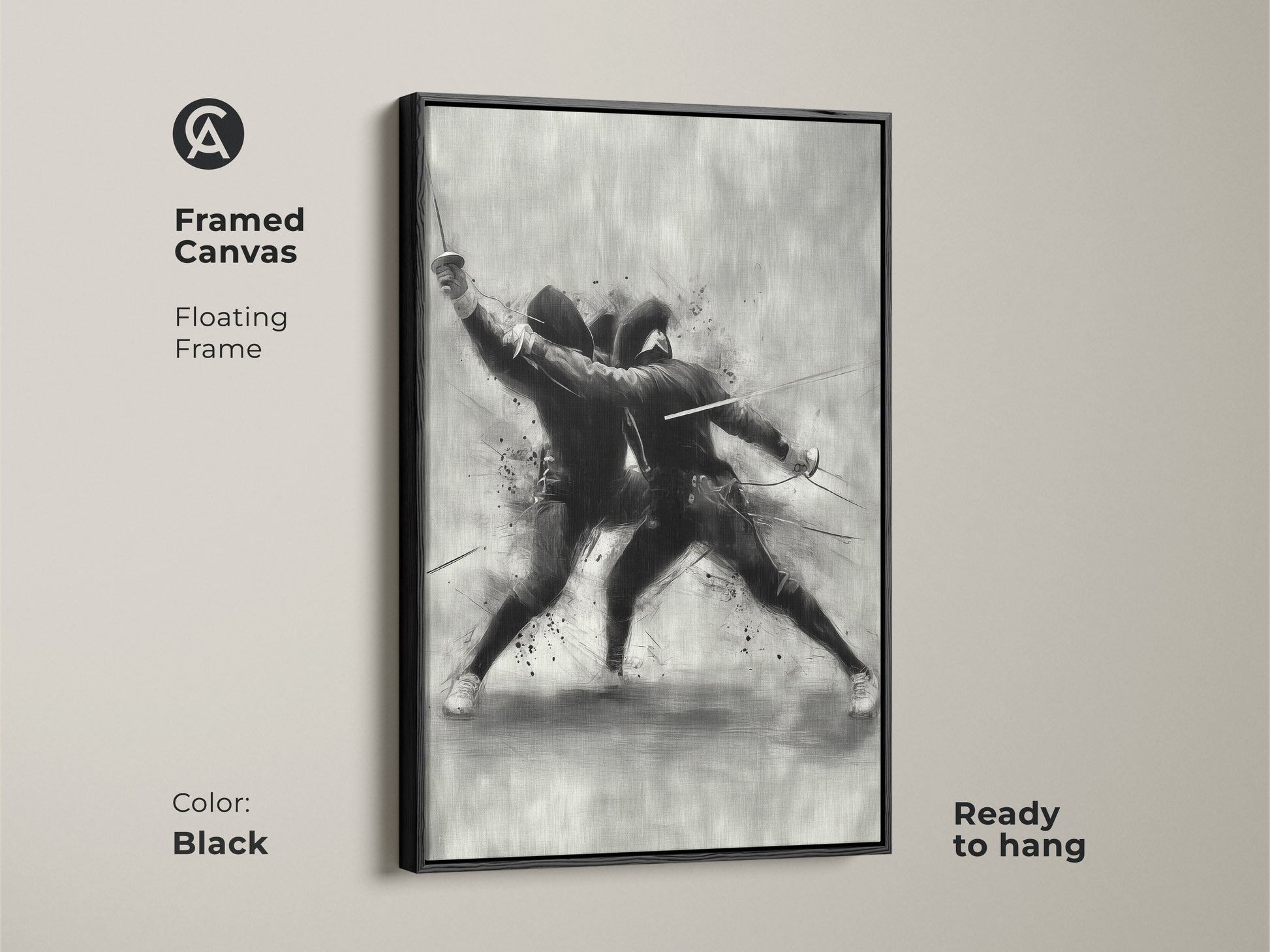 Framed canvas of a dynamic fencing duel with a black floating frame. This modern sketch wall art is ready to hang. The black and white sports decor is perfect as office study gift art for athletes and fencers.