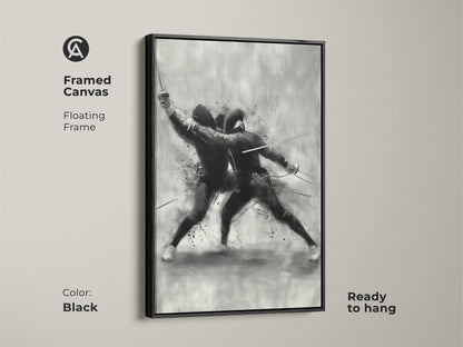 Framed canvas of a dynamic fencing duel with a black floating frame. This modern sketch wall art is ready to hang. The black and white sports decor is perfect as office study gift art for athletes and fencers.