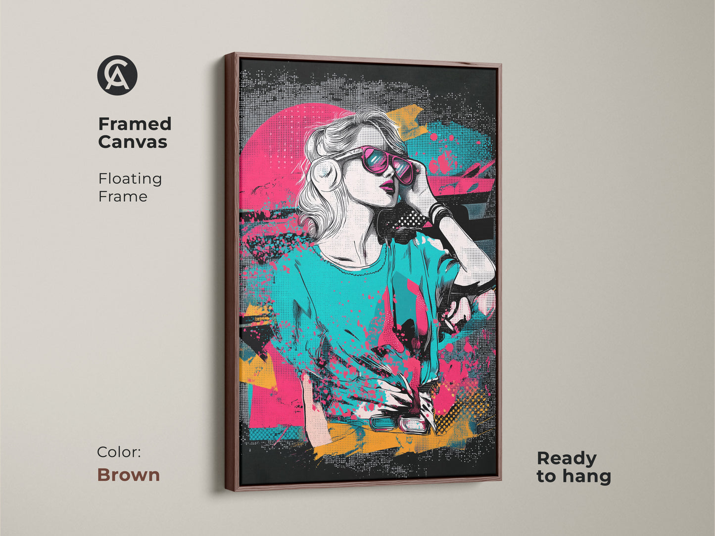 Framed Canvas Pop Art Print with a brown floating frame. Showcases an abstract portrait of a woman in retro synthwave style. Vibrant pink teal and yellow colors create an 80s aesthetic. Perfect eclectic artwork for any room. Ready to hang and ideal for music enthusiasts.