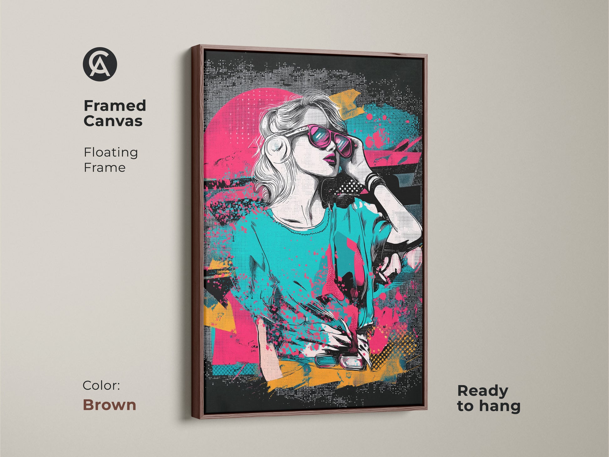 Framed Canvas Pop Art Print with a brown floating frame. Showcases an abstract portrait of a woman in retro synthwave style. Vibrant pink teal and yellow colors create an 80s aesthetic. Perfect eclectic artwork for any room. Ready to hang and ideal for music enthusiasts.