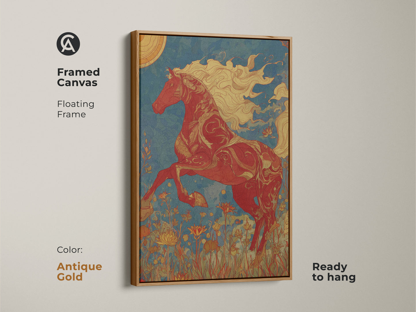 Framed canvas art featuring a red horse in art nouveau style. Antique gold floating frame adds elegance. Ready to hang and suitable for horse lovers. The teal blue and nature blend seamlessly in this unique piece.