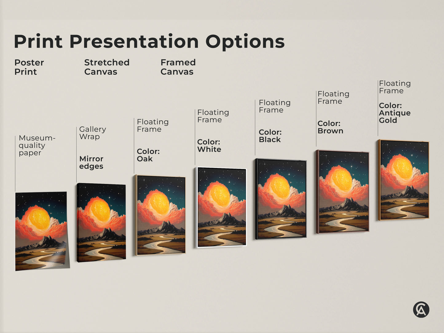 Print presentation options for cosmic sun mountain river artwork. It shows poster prints stretched canvases and framed canvases. All featuring museum quality paper gallery wrap mirror edges and floating frames. Available in oak white black brown antique gold.