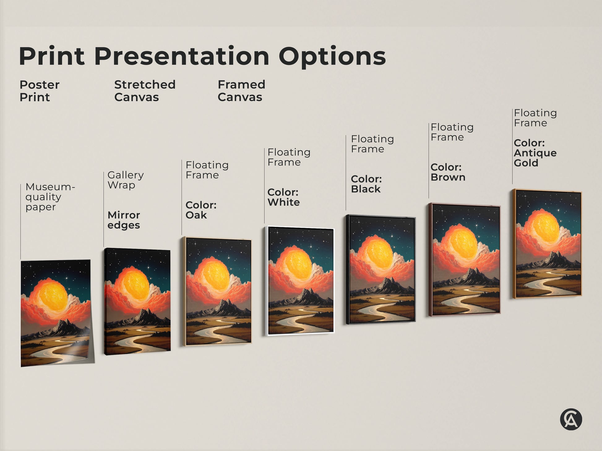 Print presentation options for cosmic sun mountain river artwork. It shows poster prints stretched canvases and framed canvases. All featuring museum quality paper gallery wrap mirror edges and floating frames. Available in oak white black brown antique gold.