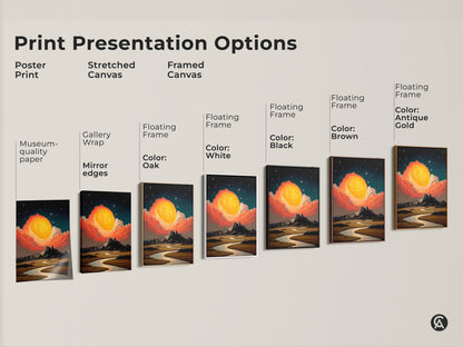 Print presentation options for cosmic sun mountain river artwork. It shows poster prints stretched canvases and framed canvases. All featuring museum quality paper gallery wrap mirror edges and floating frames. Available in oak white black brown antique gold.