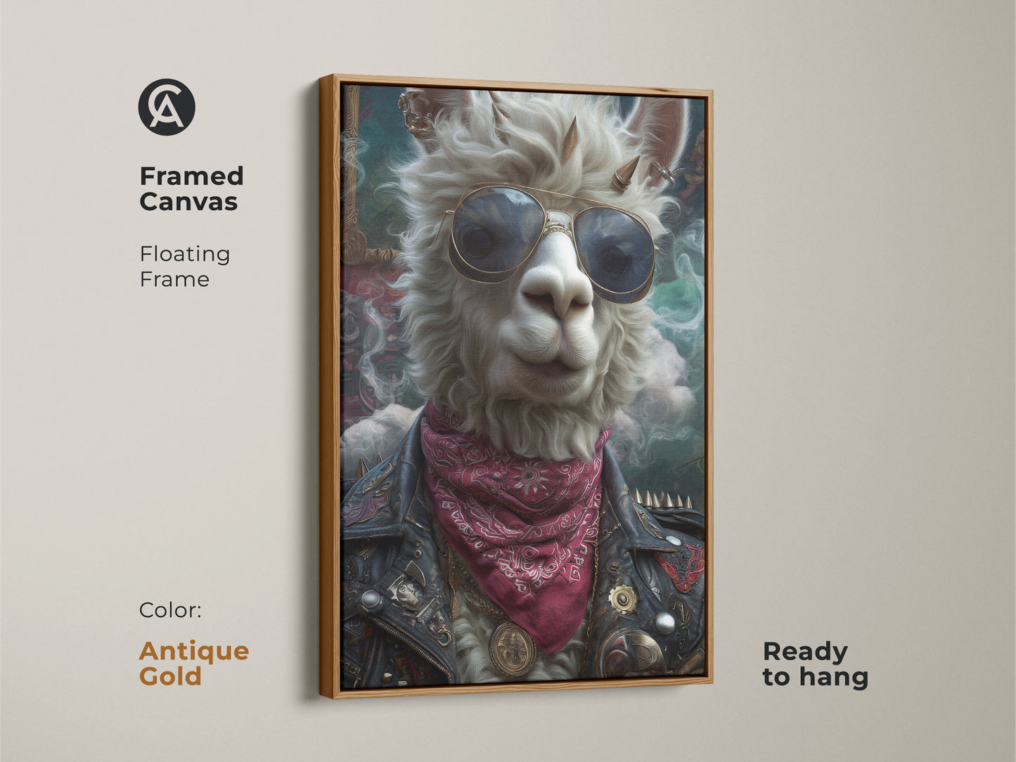 Download surreal punk llama canvas art. This rock and roll animal features a cool llama with sunglasses and a leather jacket. Ideal as a music lover gift or for unique wall decor. Bring rebellious charm to your space with this striking print.