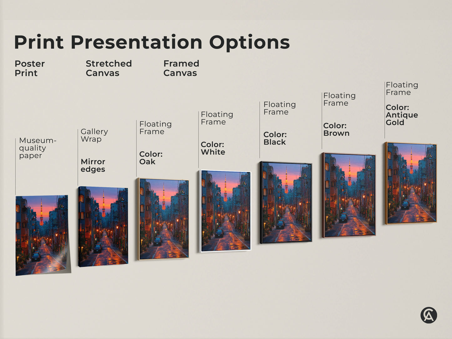 Explore print presentation options for Tokyo Tower artwork. Choose from poster print on museum-quality paper or stretched and framed canvas with floating frame options in oak white black brown and antique gold. Gallery wrap and mirror edges add a professional touch to this urban scene decor.