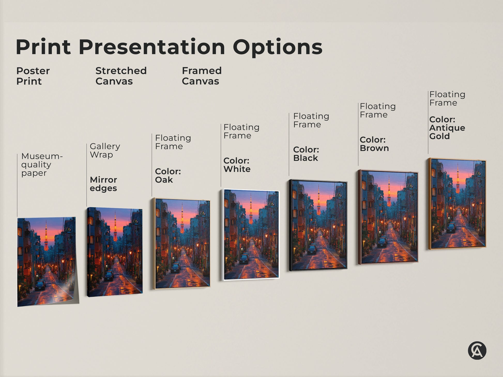 Explore print presentation options for Tokyo Tower artwork. Choose from poster print on museum-quality paper or stretched and framed canvas with floating frame options in oak white black brown and antique gold. Gallery wrap and mirror edges add a professional touch to this urban scene decor.