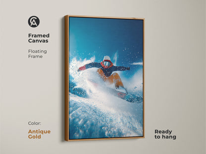 Framed canvas art of a snowboarder mid-jump. The floating frame has an antique gold finish. The artwork is ready to hang and adds excitement to any room. Perfect for extreme sports fans.