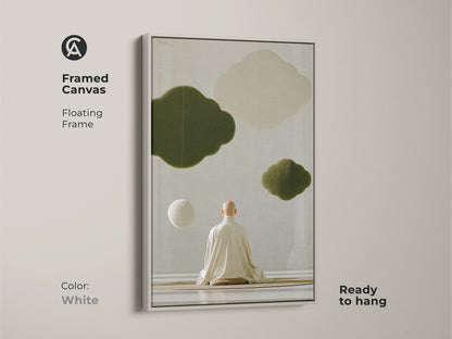 Framed canvas in white shows zen monk meditation art. The minimalist abstract art features olive green clouds. Use this spiritual home decor gift to bring a calming presence to your meditation room or wellness center. Ready to hang.