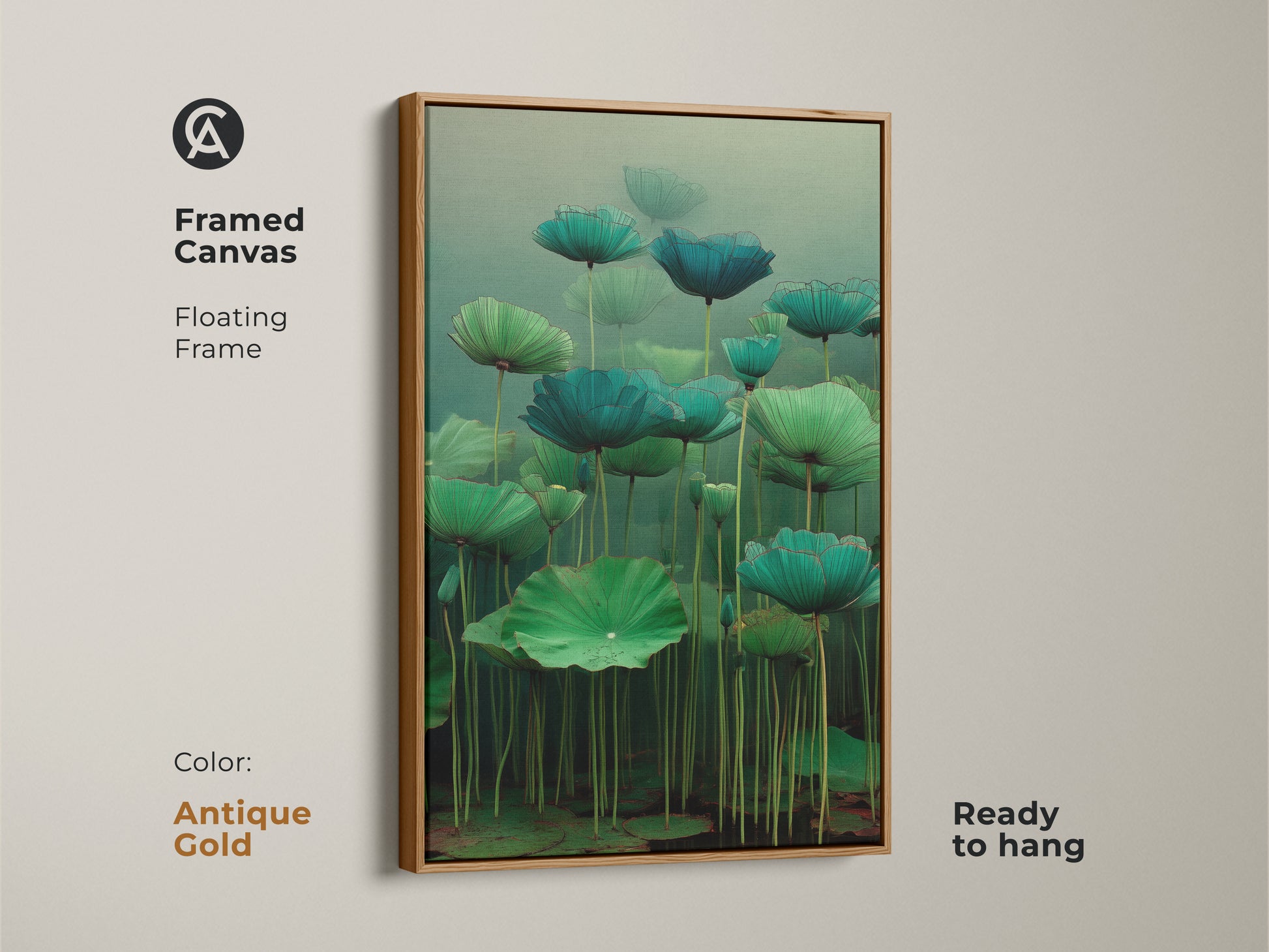 Framed canvas of Emerald Zen Ink Lotus Wall Art in antique gold. This teal water lily art features a floating frame. It's ready to hang. The zen ink botanical print adds a minimalist touch. This Japandi style wall decor is serene.