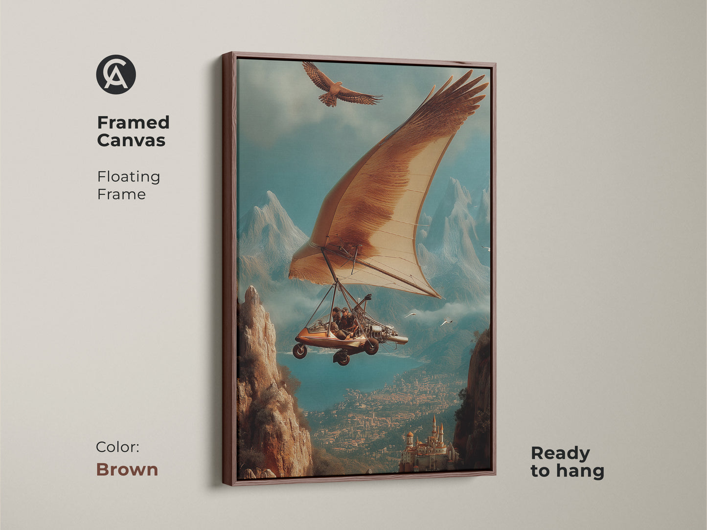 Framed Canvas in antique gold showing surreal hang glider art and an eagle. The brown blue teal tones deliver epic adventure. Adds eclectic style to living room decor. Ideal for office study wall art. The nature transportation theme is ready to hang. It is a unique gift for art lovers.