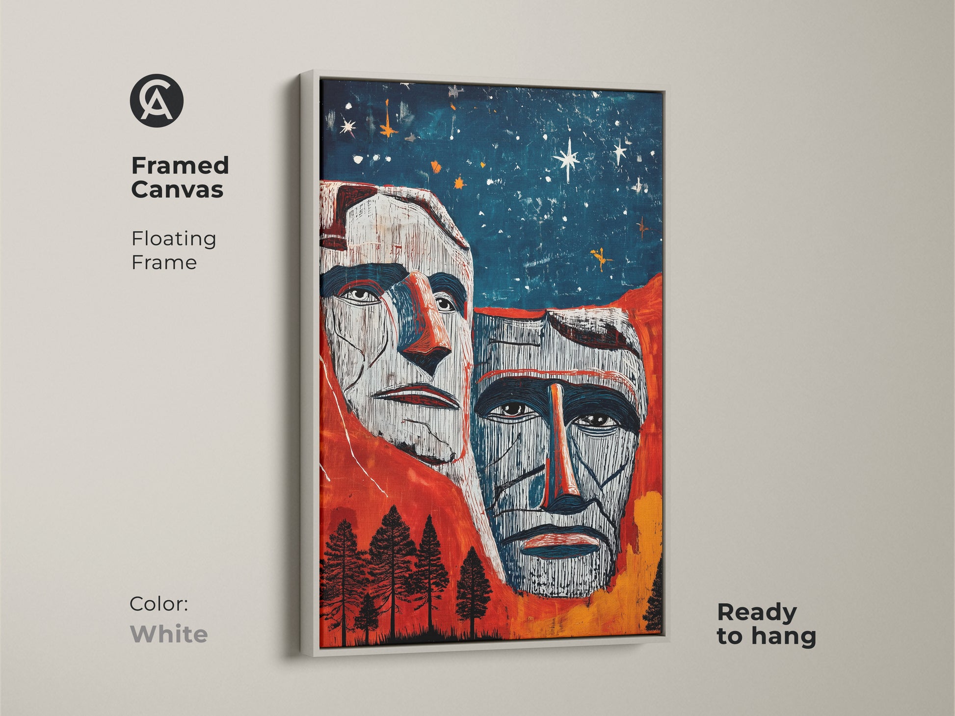 Framed canvas in white displaying Mount Rushmore art. American Presidents feature in a red blue orange landscape. This eclectic art is ready to hang. The floating frame creates a modern aesthetic. Ideal expressionist artwork for the office or living room. Display patriotic art.