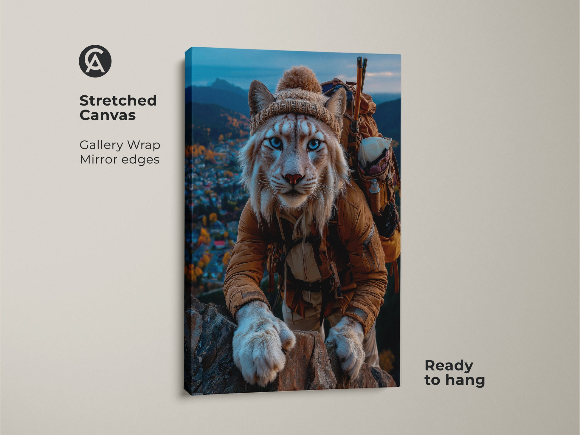 Lynx mountain explorer stretched canvas print. The blue eyed cat adventurer wall art brings nature indoors. Displaying the outdoor journey animal artwork on a gallery wrap. This eclectic home decor lynx painting has mirrored edges. It's ready to hang for any animal lover looking for forest animal art.